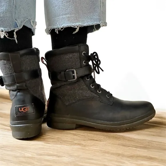 UGG Kesey Black and Gray Lace-Up Boots women’s 9.5 Vintage Combat Look