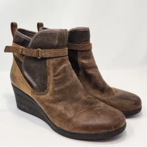 UGG Women Emalie Brown Leather Ankle Wedge Boots Size 9 Waterproof Zipper Sherpa