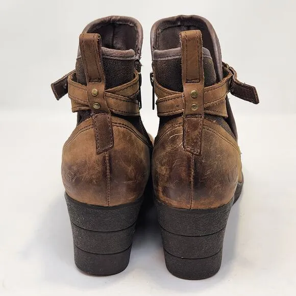 UGG Women Emalie Brown Leather Ankle Wedge Boots Size 9 Waterproof Zipper Sherpa