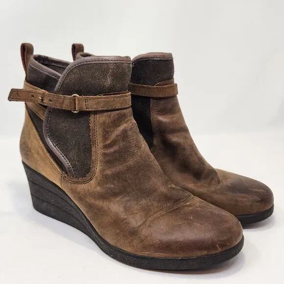 UGG Women Emalie Brown Leather Ankle Wedge Boots Size 9 Waterproof Zipper Sherpa