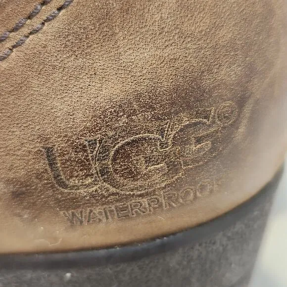 UGG Women Emalie Brown Leather Ankle Wedge Boots Size 9 Waterproof Zipper Sherpa