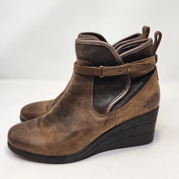 UGG Women Emalie Brown Leather Ankle Wedge Boots Size 9 Waterproof Zipper Sherpa