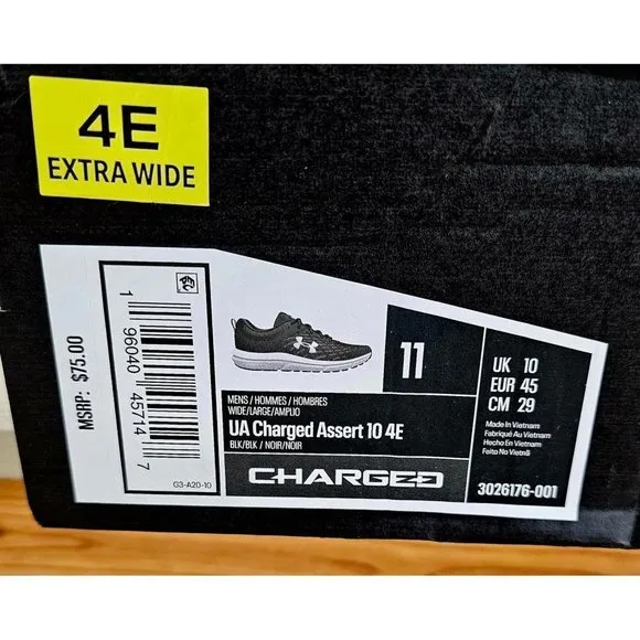 Under Armour Charged Assert 10 Black Men's Running Shoes Size 11 4E