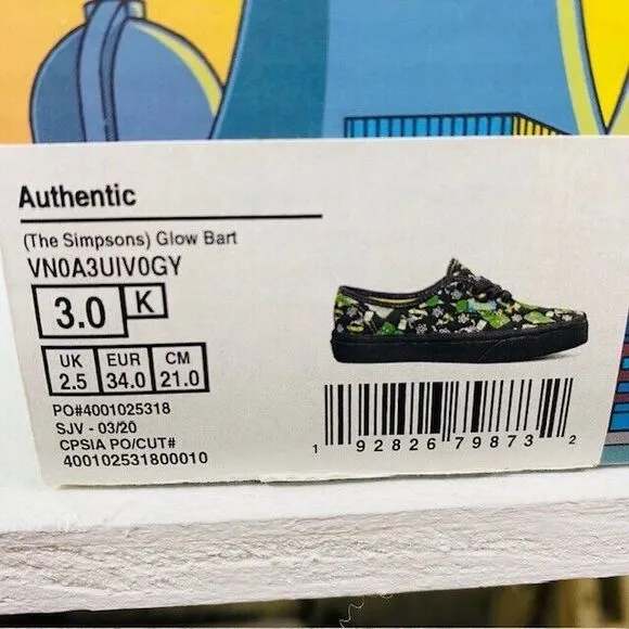Vans Authentic The Simpsons Glow Bart Black Men's Size 3 Women's‎ 5