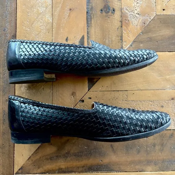 VINTAGE DE LA RENTIS Black Leather Woven Loafers Made in Spain Dress Shoes 10.5