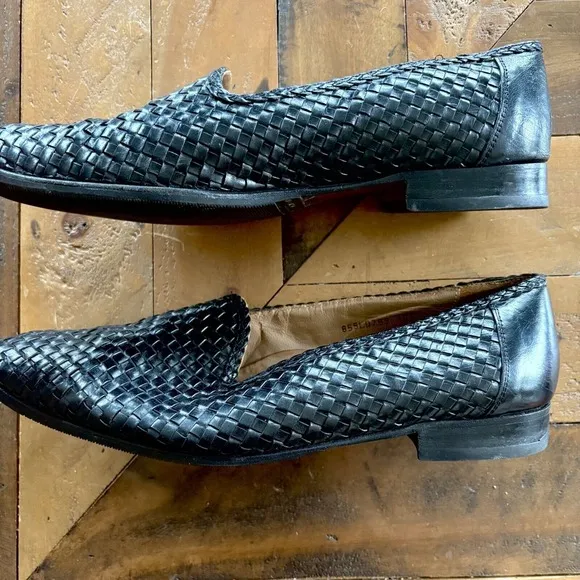 VINTAGE DE LA RENTIS Black Leather Woven Loafers Made in Spain Dress Shoes 10.5