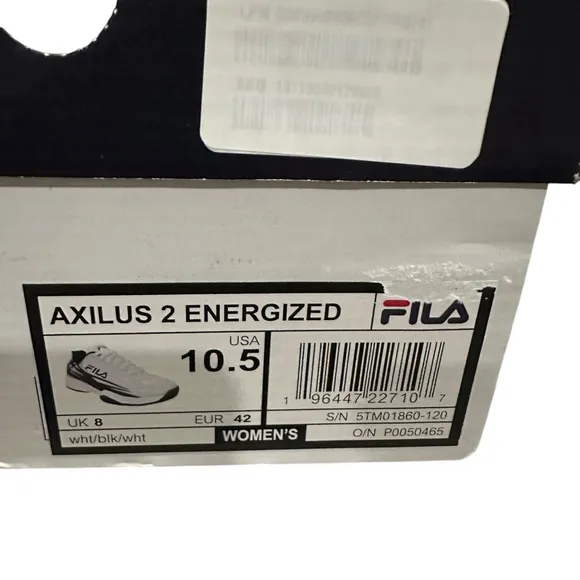 Women’s Fila White Black Sneakers Size 10.5. Brand New with the Original Box.