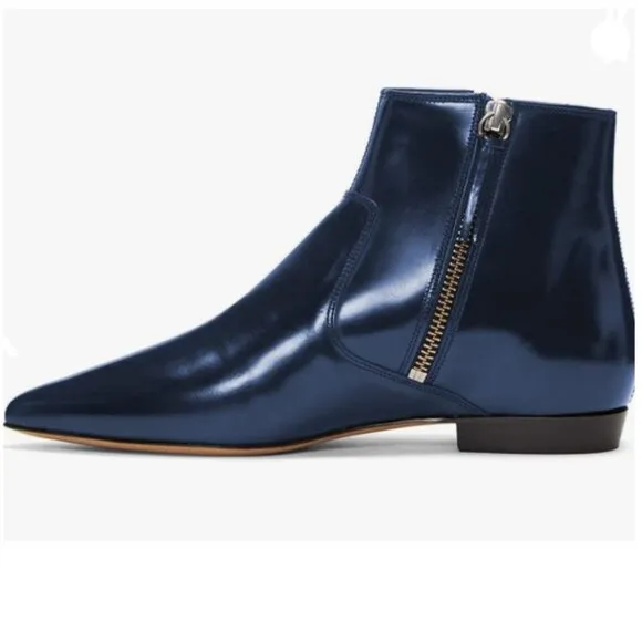 XYD Navy Formal Pointed Toe Ankle Boots Low Heel Double Side Zippers Dress Shoes
