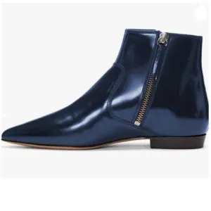 XYD Navy Formal Pointed Toe Ankle Boots Low Heel Double Side Zippers Dress Shoes