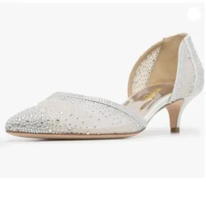 XYD Women's Pumps, Pointed Toe, D'Orsay Kitten Low Heels, Rhinestone Studs lvory